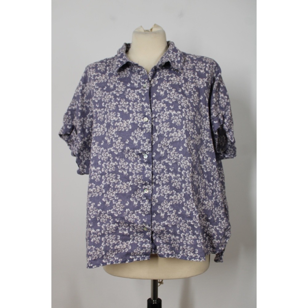 Rachel Zoe L Purple Linen Floral Short Sleeve Button-Front Top